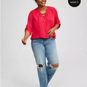 Red Lace-Up Blouse